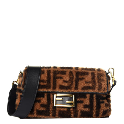 Fendi Shearling Vitello Dolce Macro FF 1974 Baguette Tobacco Black 1 of 8