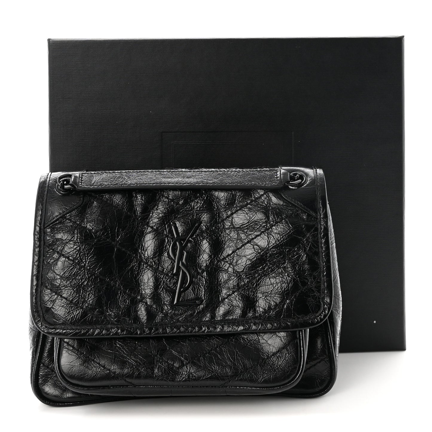 Crinkled Calfskin Matelasse Monogram Baby Niki Chain Satchel Black