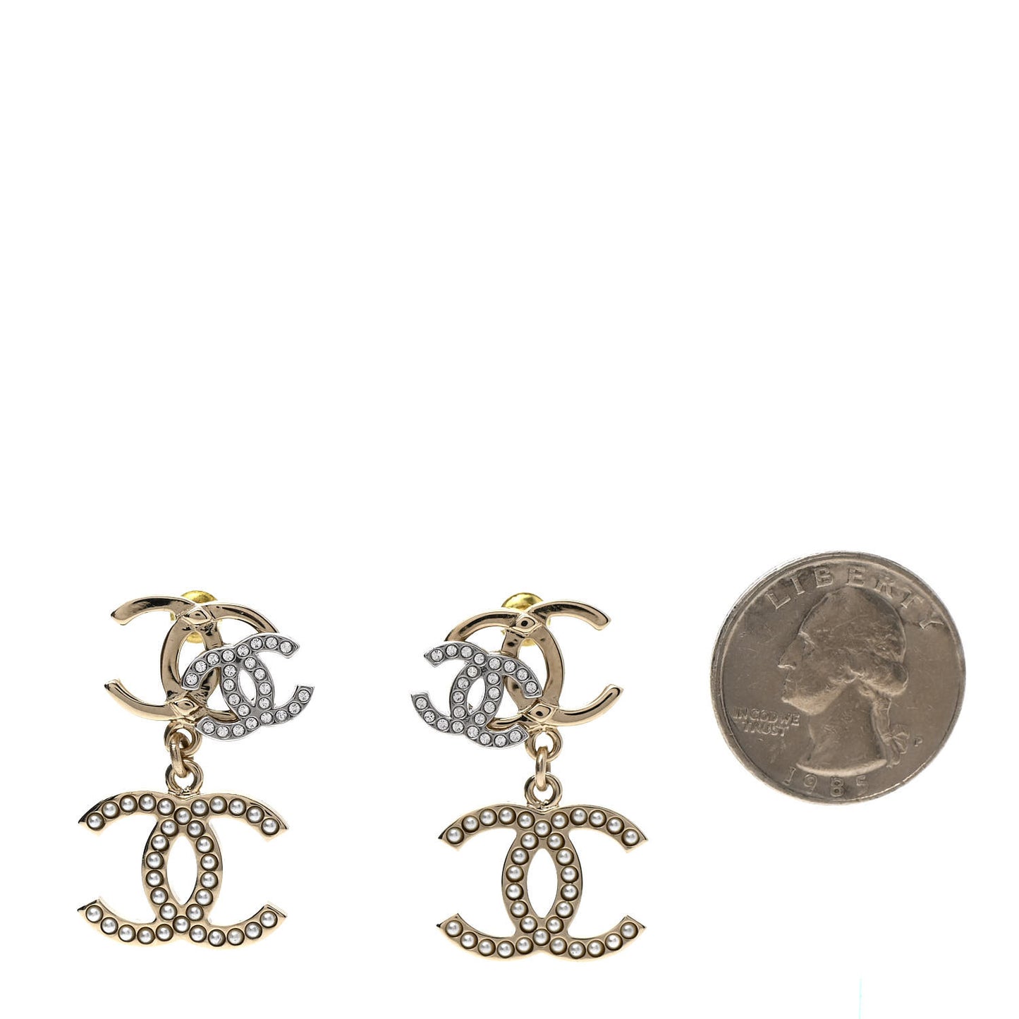 Crystal Pearl Double CC Drop Earrings Gold Silver