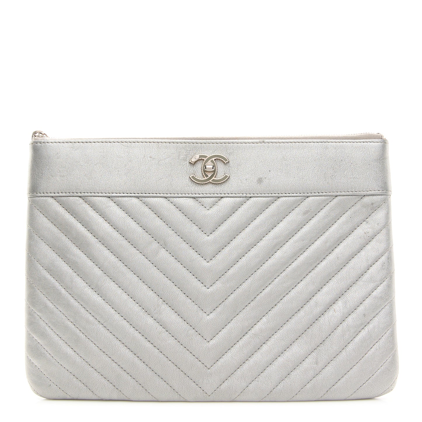 Metallic Sheepskin Chevron Quilted Mademoiselle Vintage Large Zip Pouch Silver