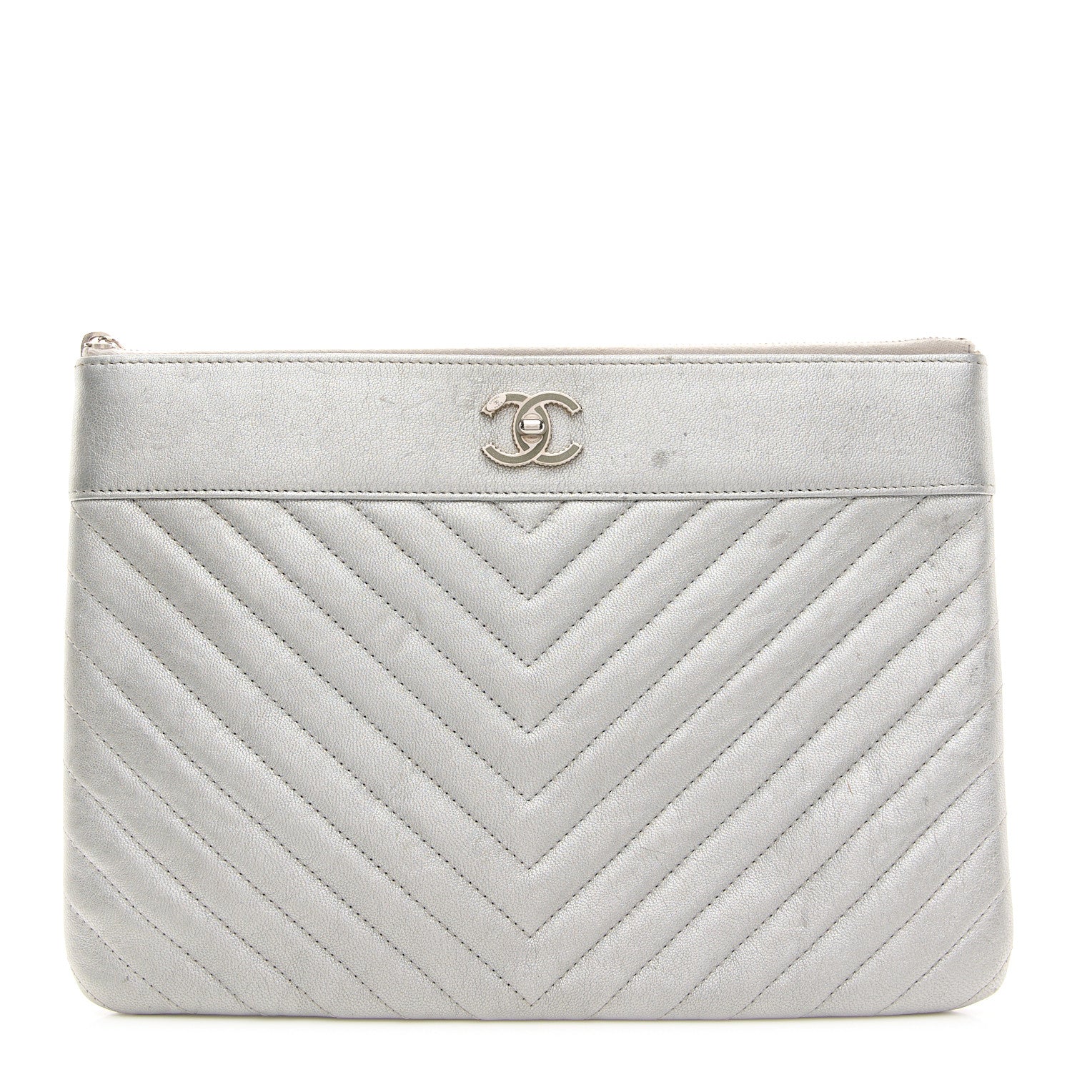 Chanel Metallic Sheepskin Chevron Quilted Mademoiselle Vintage Large Zip Pouch Silver 1 of 11