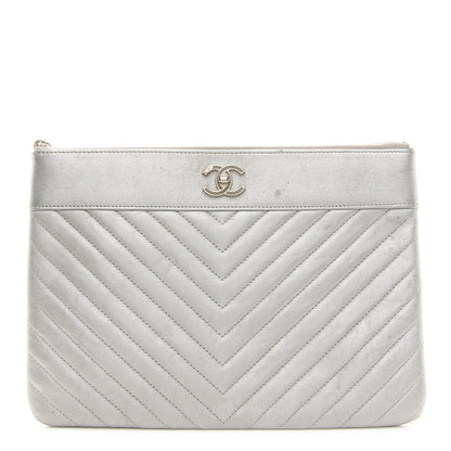 Chanel Metallic Sheepskin Chevron Quilted Mademoiselle Vintage Large Zip Pouch Silver 1 of 11