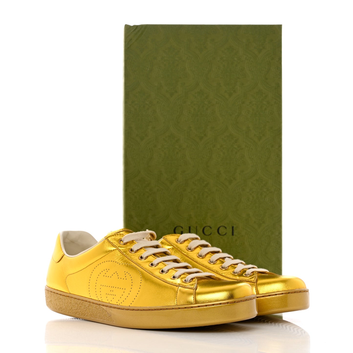 Metallic Nappa Interlocking G Perforated Mens Ace Sneakers 9 Oro Vecchio