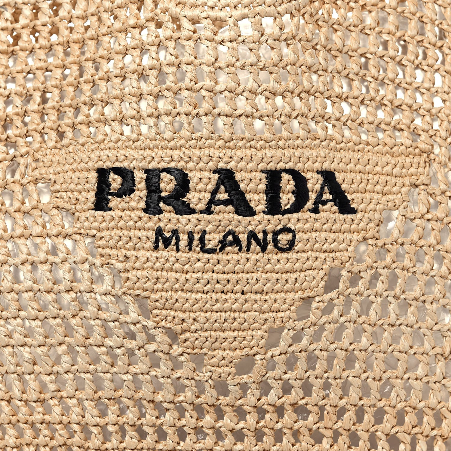 Prada Yarn Raffia Effect Crochet Logo Embroidered Shopping Tote Bag Naturale 8 of 10