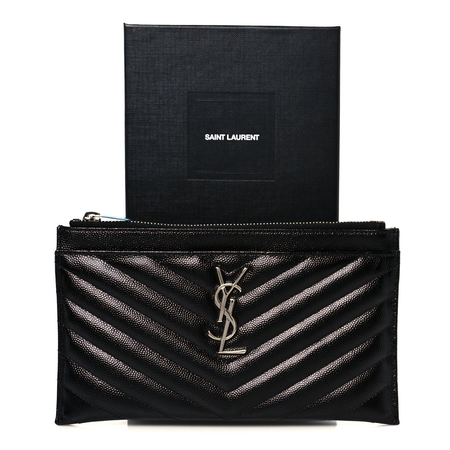 Saint Laurent Grain De Poudre Chevron Monogram Bill Pouch Black 9 of 9