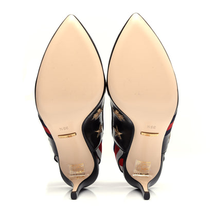 Gucci Calfskin Web Bee Star Embroidered Sylvie Mid Heel Slingback Pumps 35.5 Black 6 of 11