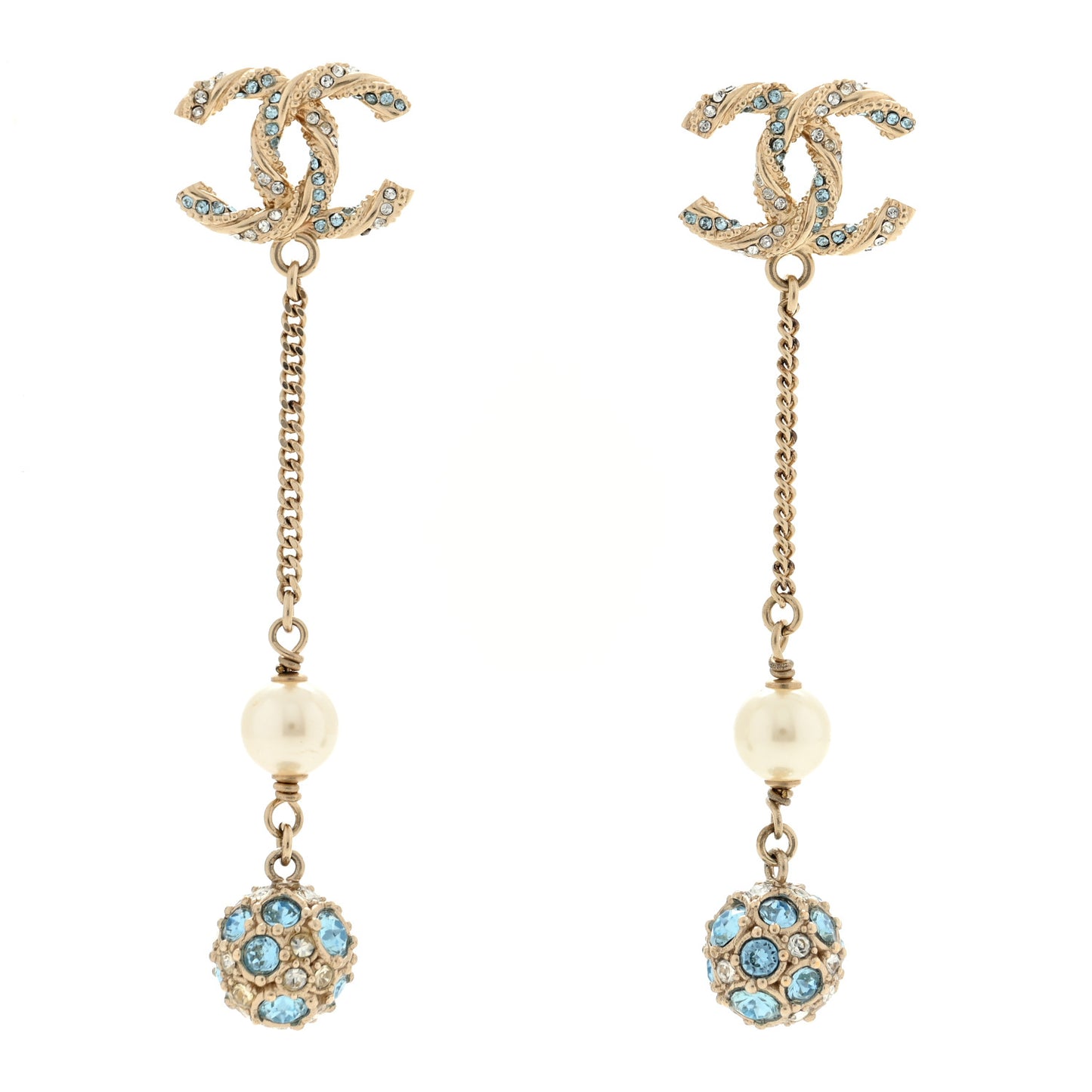 Crystal Pearl CC Ball Chain Drop Earrings Gold Blue