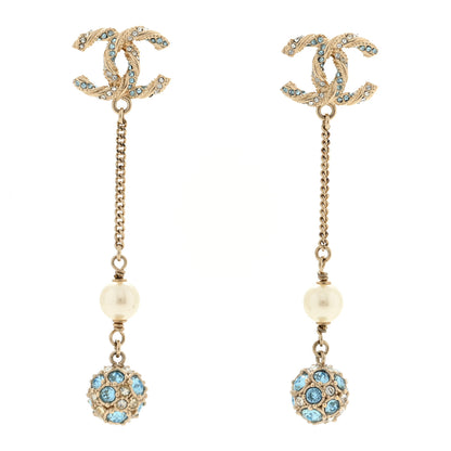 Chanel Crystal Pearl CC Ball Chain Drop Earrings Gold Blue 1 of 4