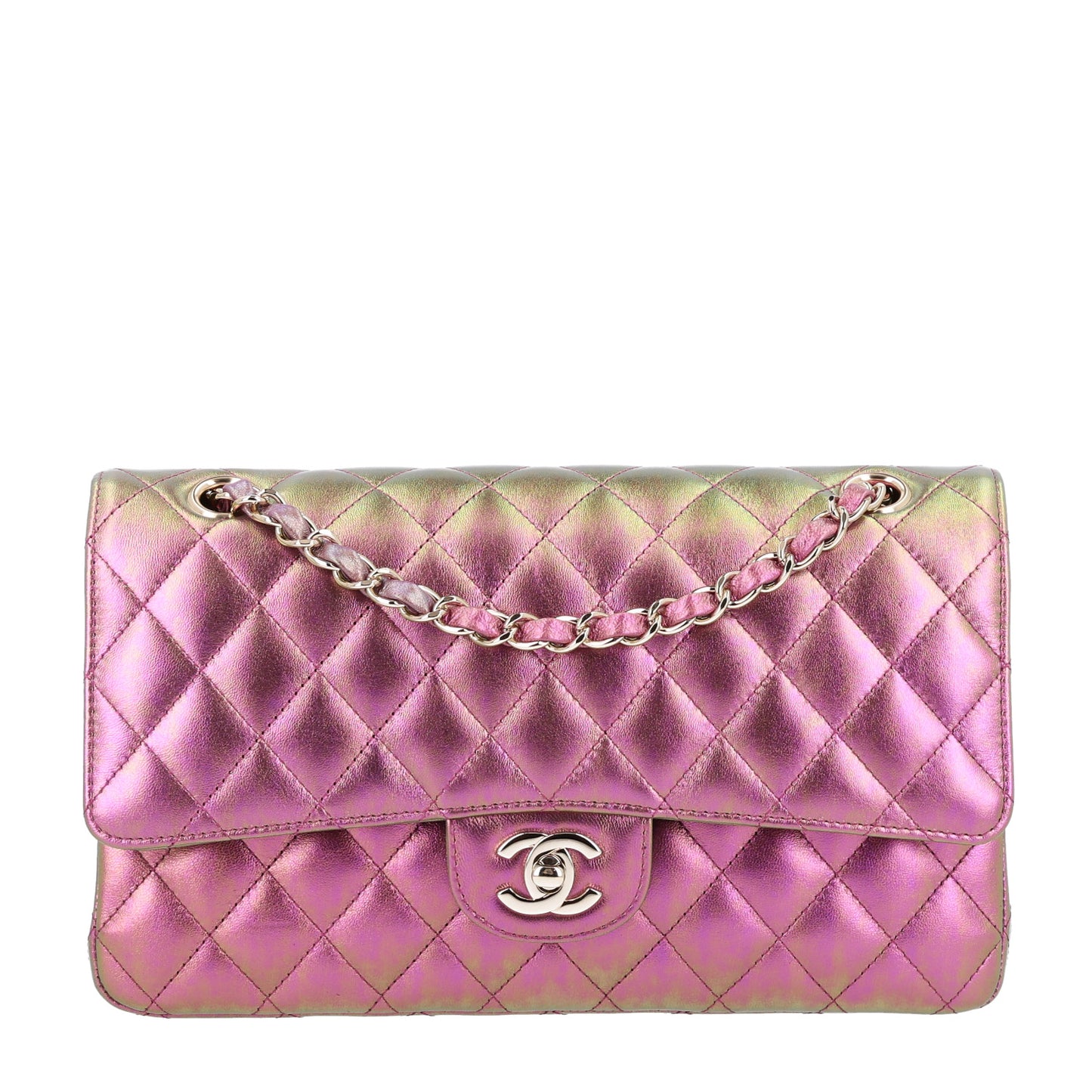 Iridescent Lambskin Quilted Medium Double Flap Purple