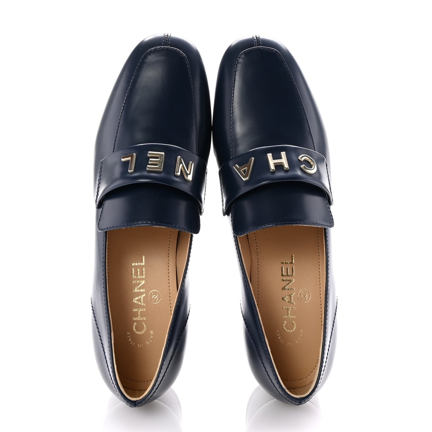 Shiny Calfskin Logo Loafers 39 Navy