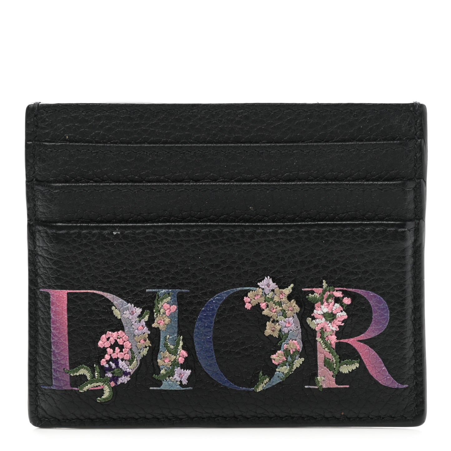 Grained Calfskin Embroidered Floral Lady Dior Card Holder Black