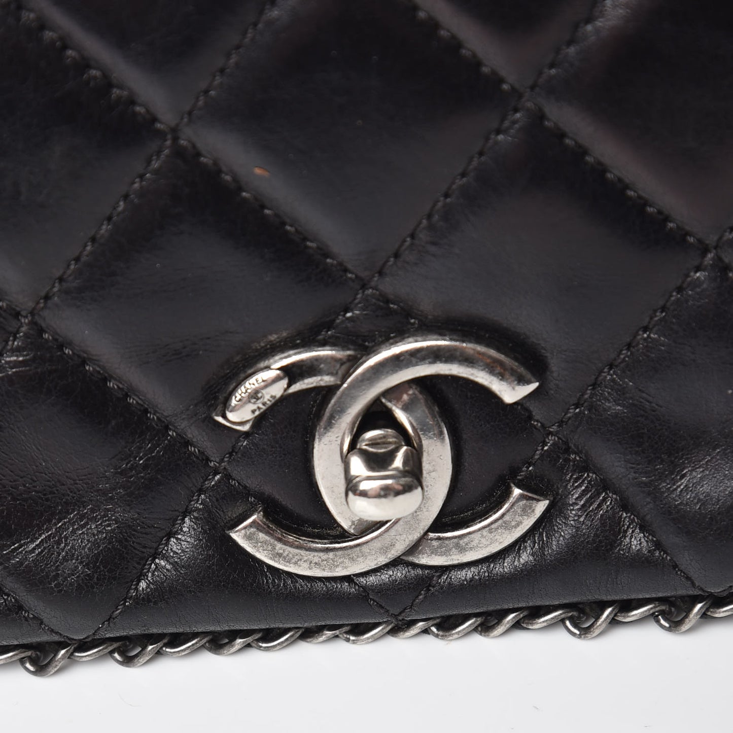 Calfskin Quilted Small CC Enchained Accordion Flap Black