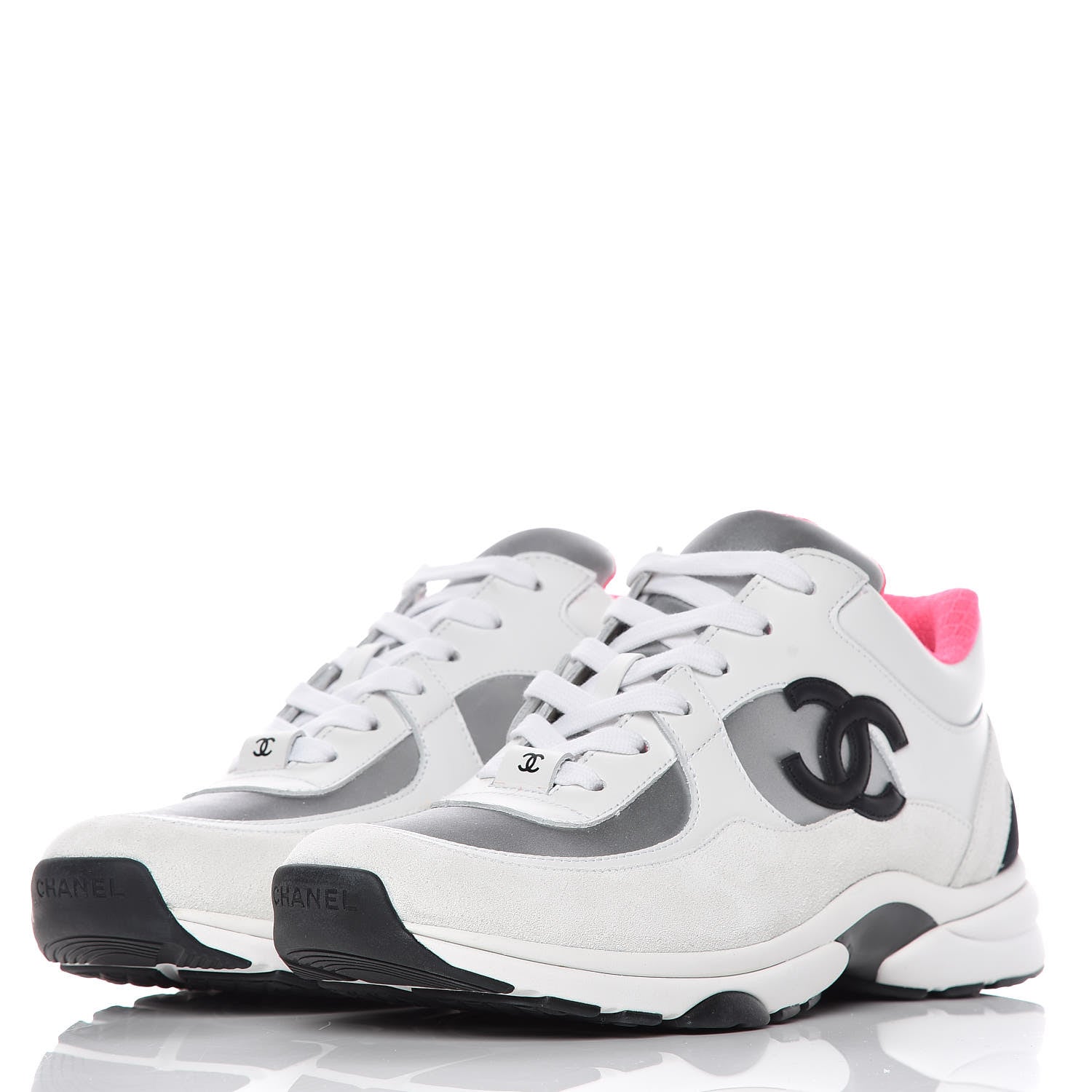 Chanel Calfskin Fabric Sneakers 41 White Silver Fluo Pink 3 of 10