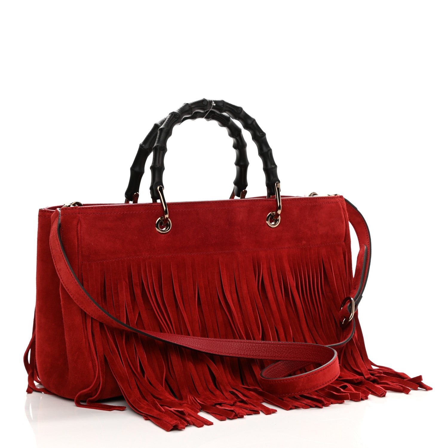 Gucci Suede Bamboo Fringe Medium Shopper Tote Red 3 of 12