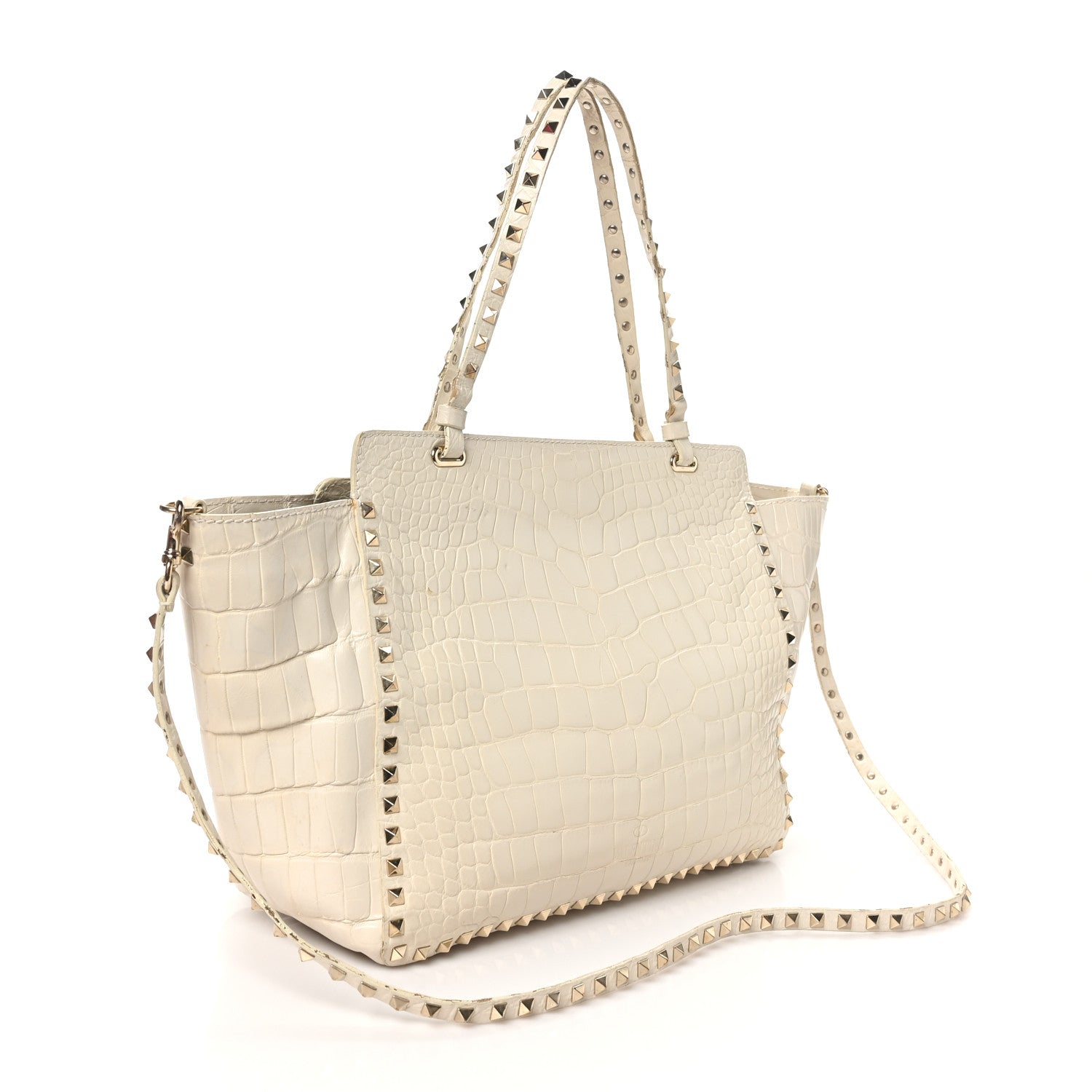 Valentino Garavani Calfskin Crocodile Embossed Medium Rockstud Tote Ivory 3 of 12