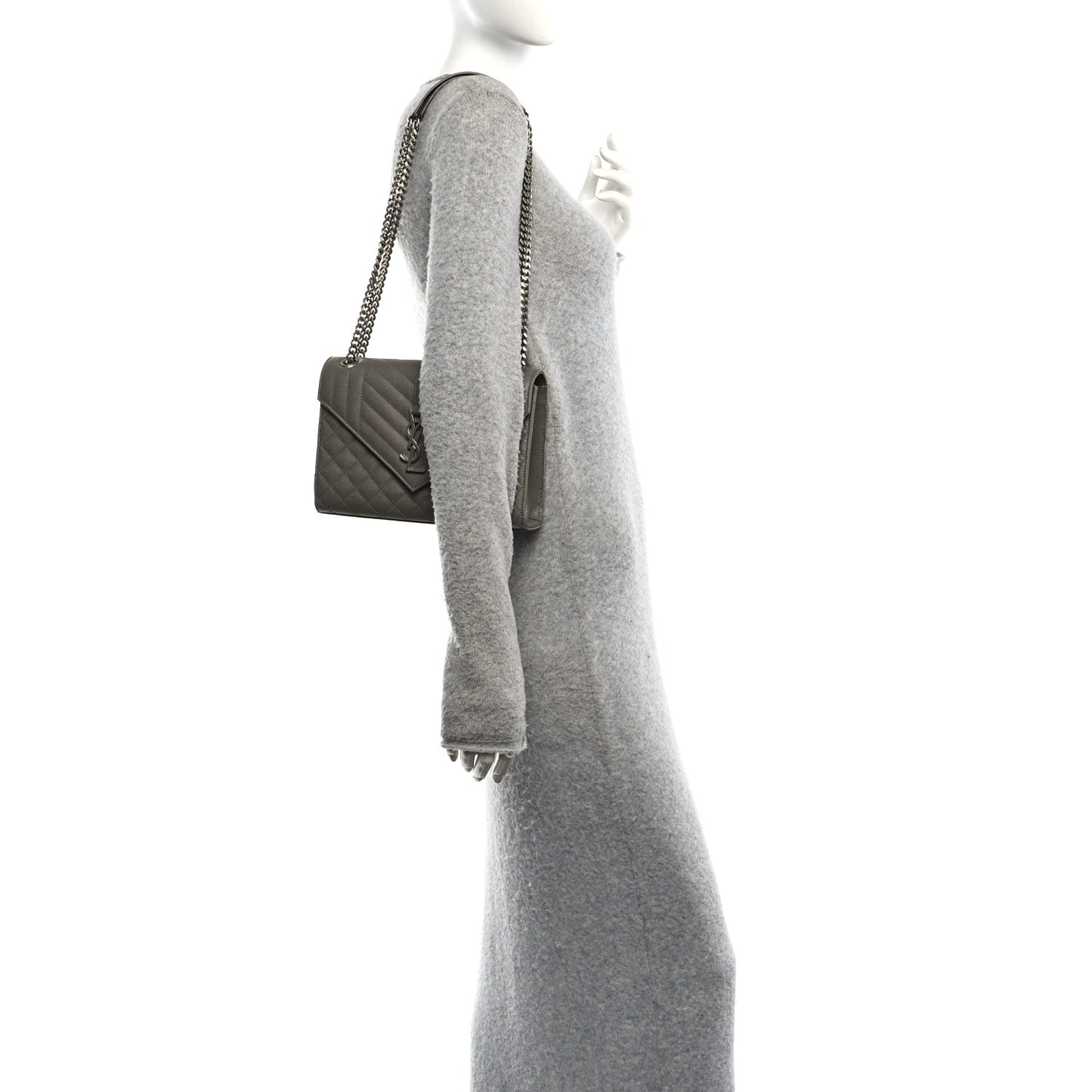 Grain De Poudre Textured Mixed Matelasse Medium Triquilt Monogram Satchel Greyish Brown