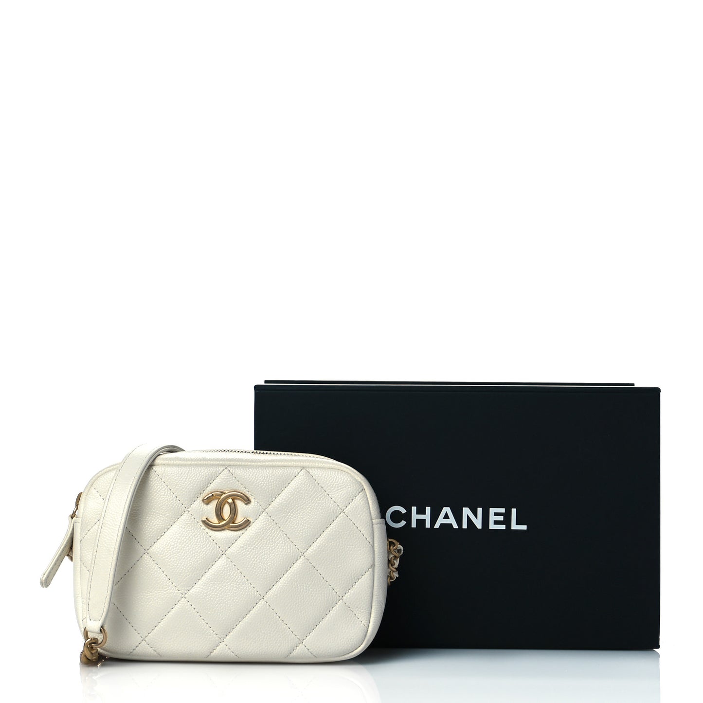 Shiny Caviar Quilted Chain Melody Camera Bag White
