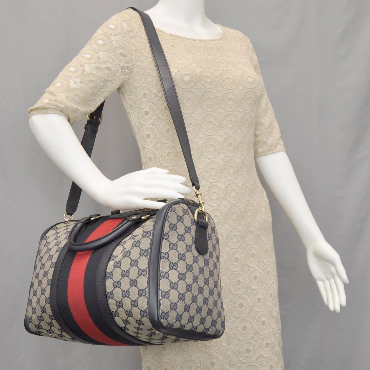 Monogram Selleria Calfskin Vintage Web Medium Boston Beige Blue