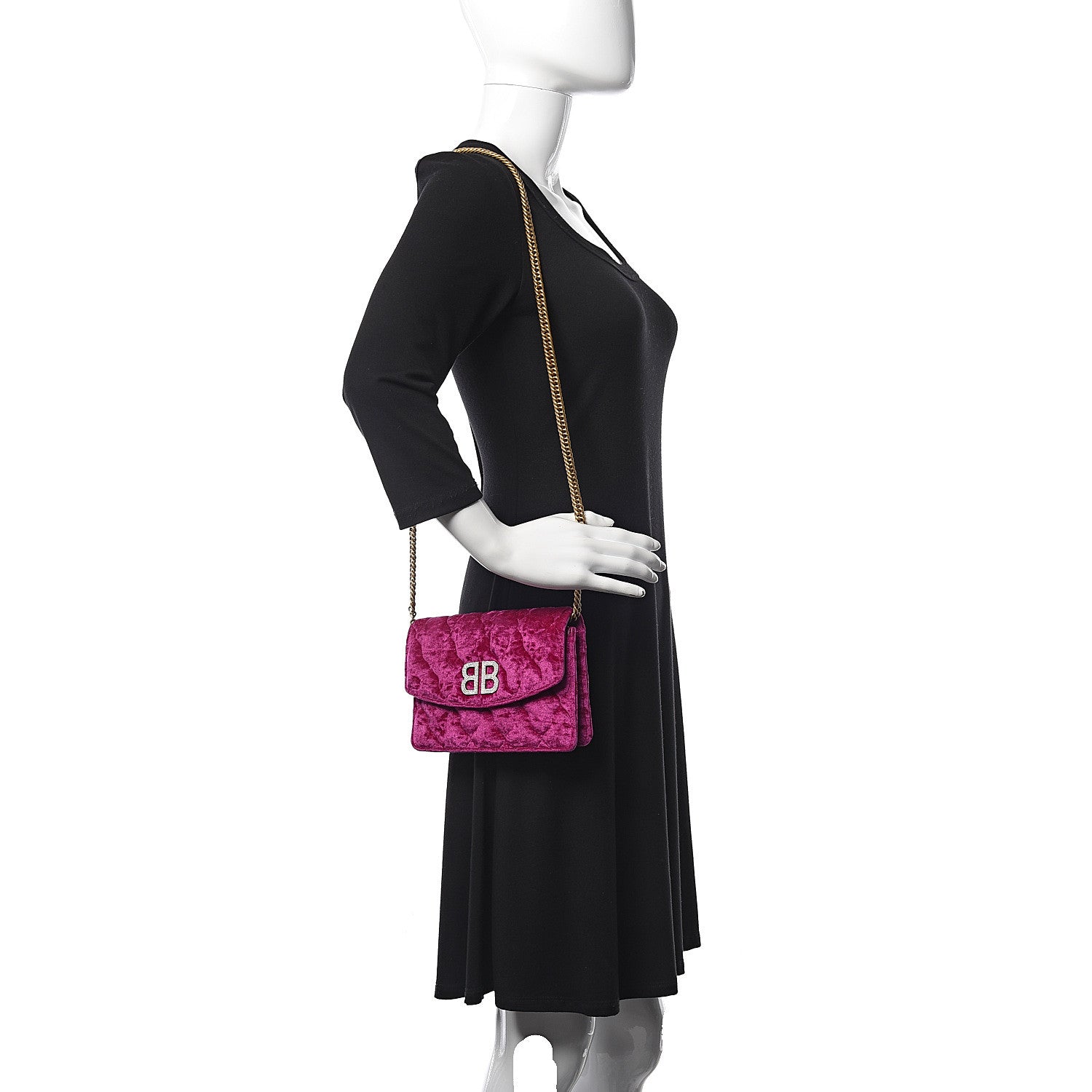 Balenciaga Crushed Velvet Crystal Mattress Quilted BB Wallet On Chain Fuchsia 2 of 11