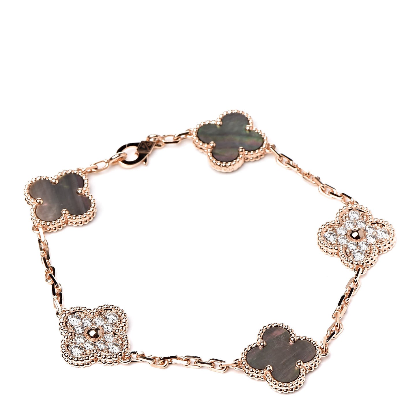 18K Rose Gold Diamond Gray Mother of Pearl 5 Motifs Vintage Alhambra Bracelet