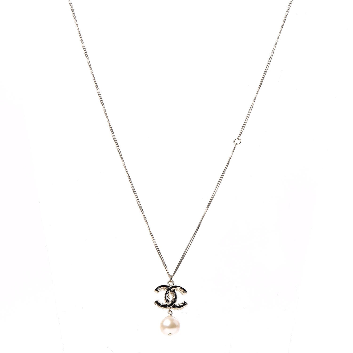 Chanel Enamel Pearl CC Baroque Pendant Necklace Black Gold 1 of 5