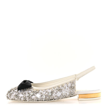 Chanel Satin Crystal Lambskin Grossgrain Bow CC Slingback Flats 39 White Black 1 of 11