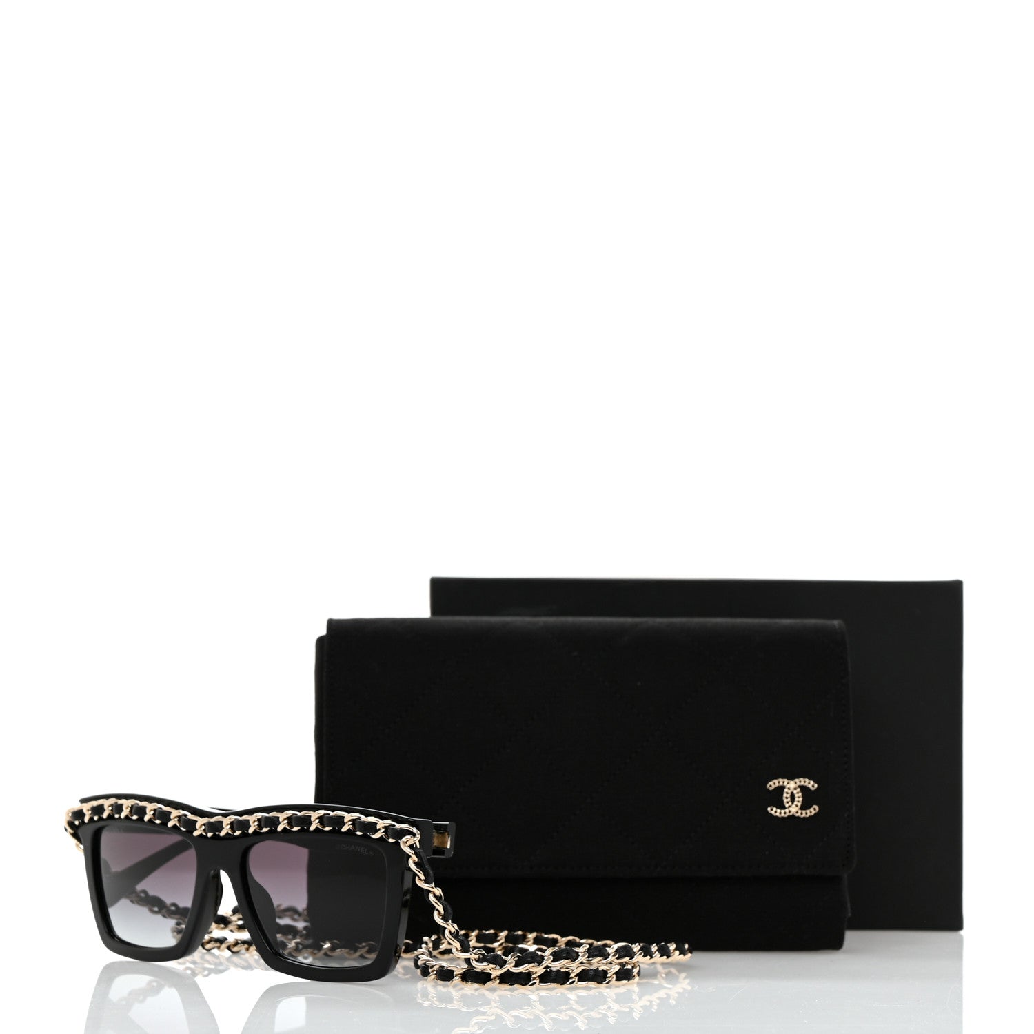 Chanel Acetate Metal Calfskin Chain Rectangle Sunglasses 71627A Black 8 of 8