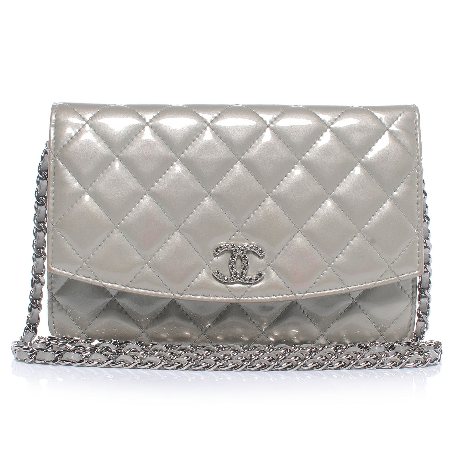 Patent Quilted Brilliant Wallet On Chain WOC Silver