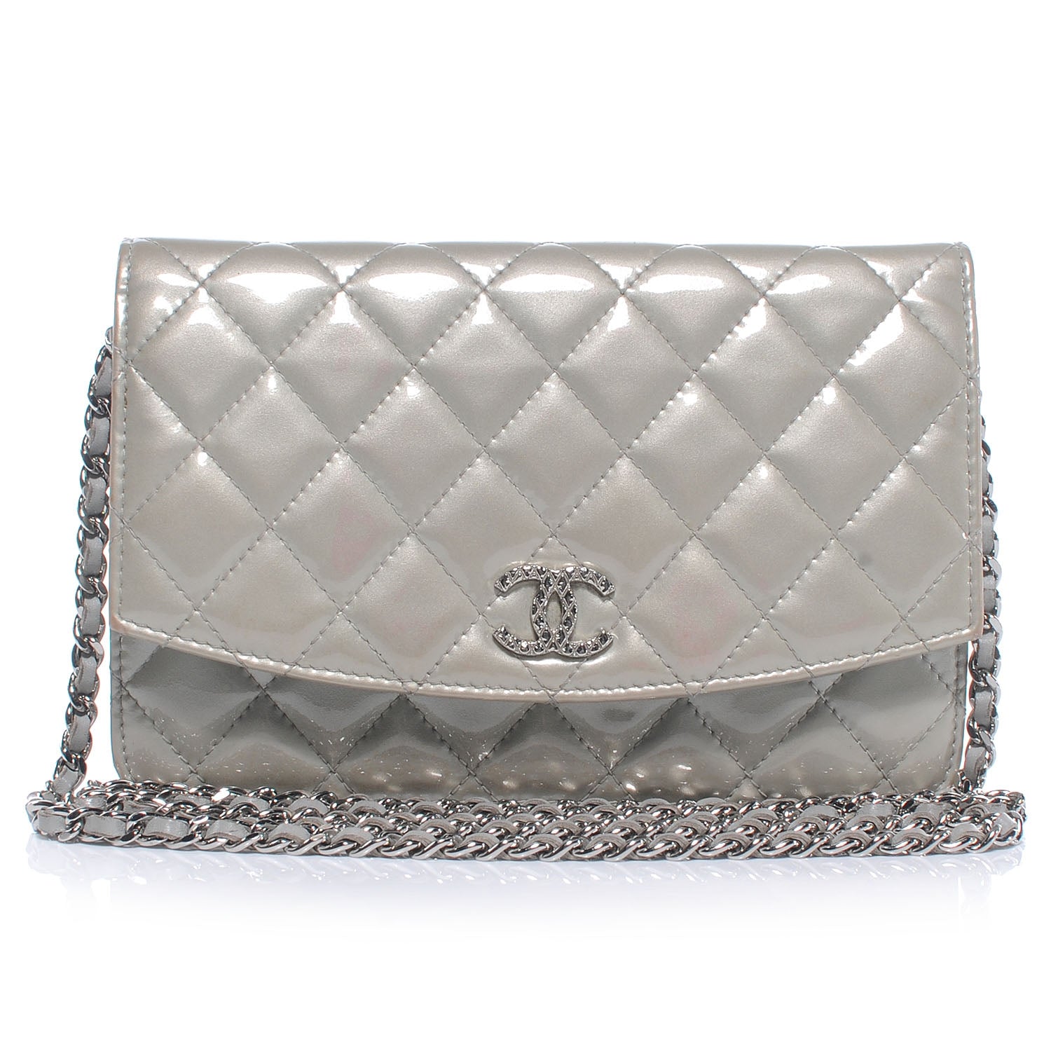 Chanel Patent Quilted Brilliant Wallet On Chain WOC Silver 1 of 9
