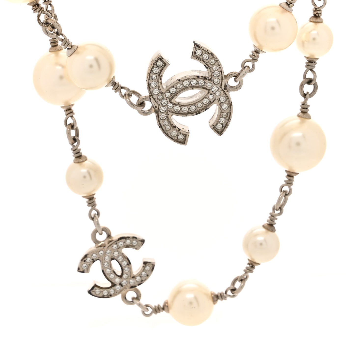 Graduated Pearl Crystal CC Long Necklace Silver