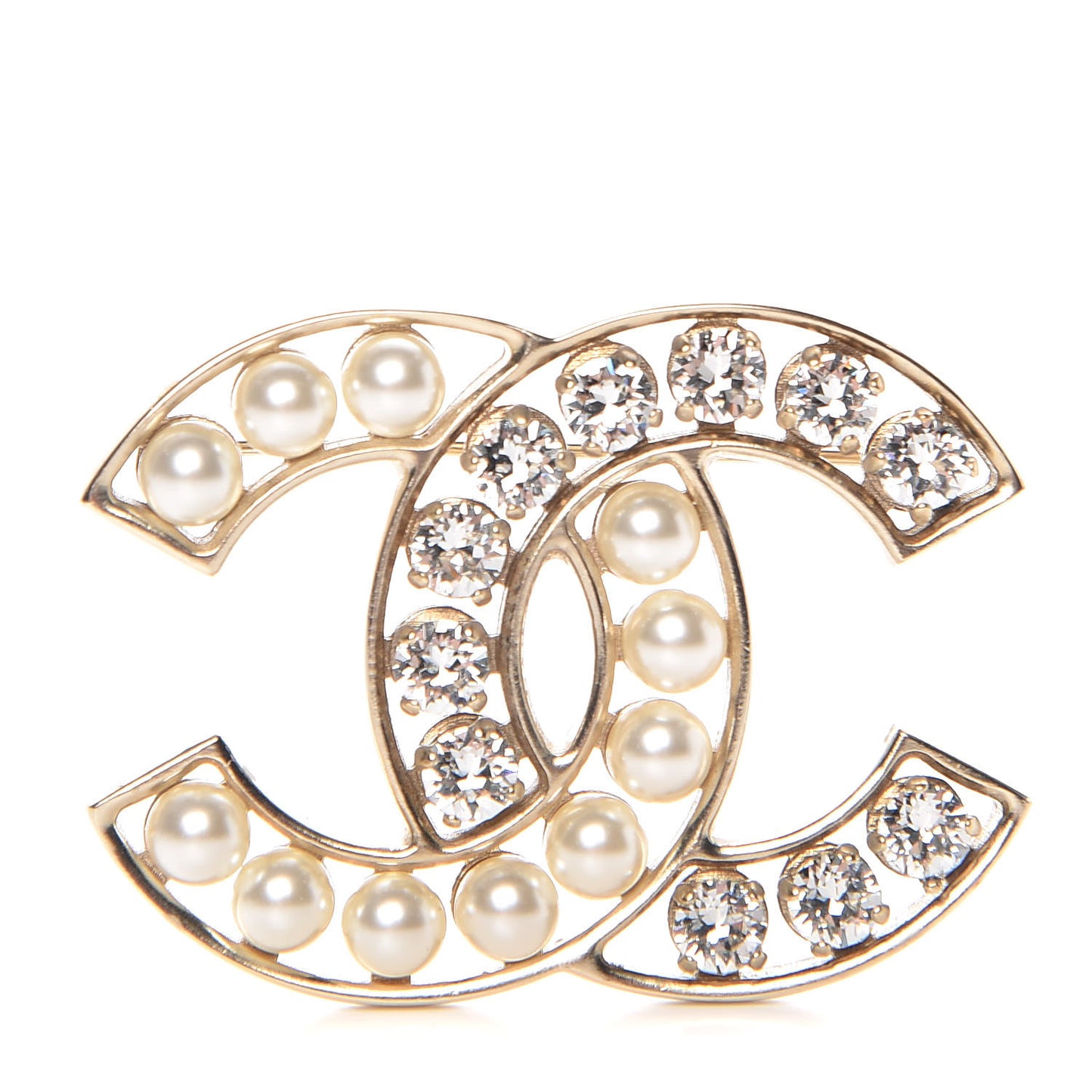 Pearl Crystal CC Brooch Gold