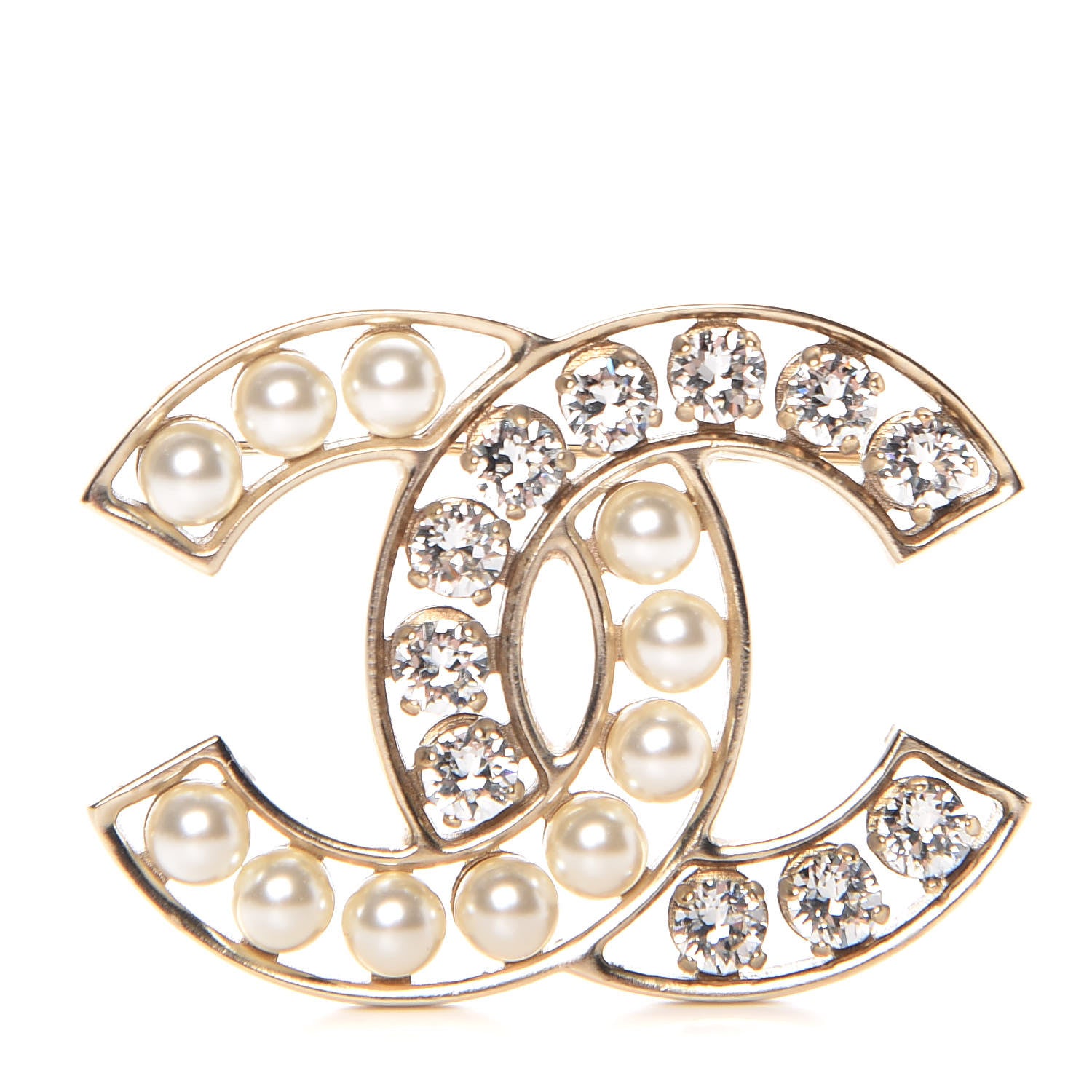 Chanel Pearl Crystal CC Brooch Gold 1 of 4