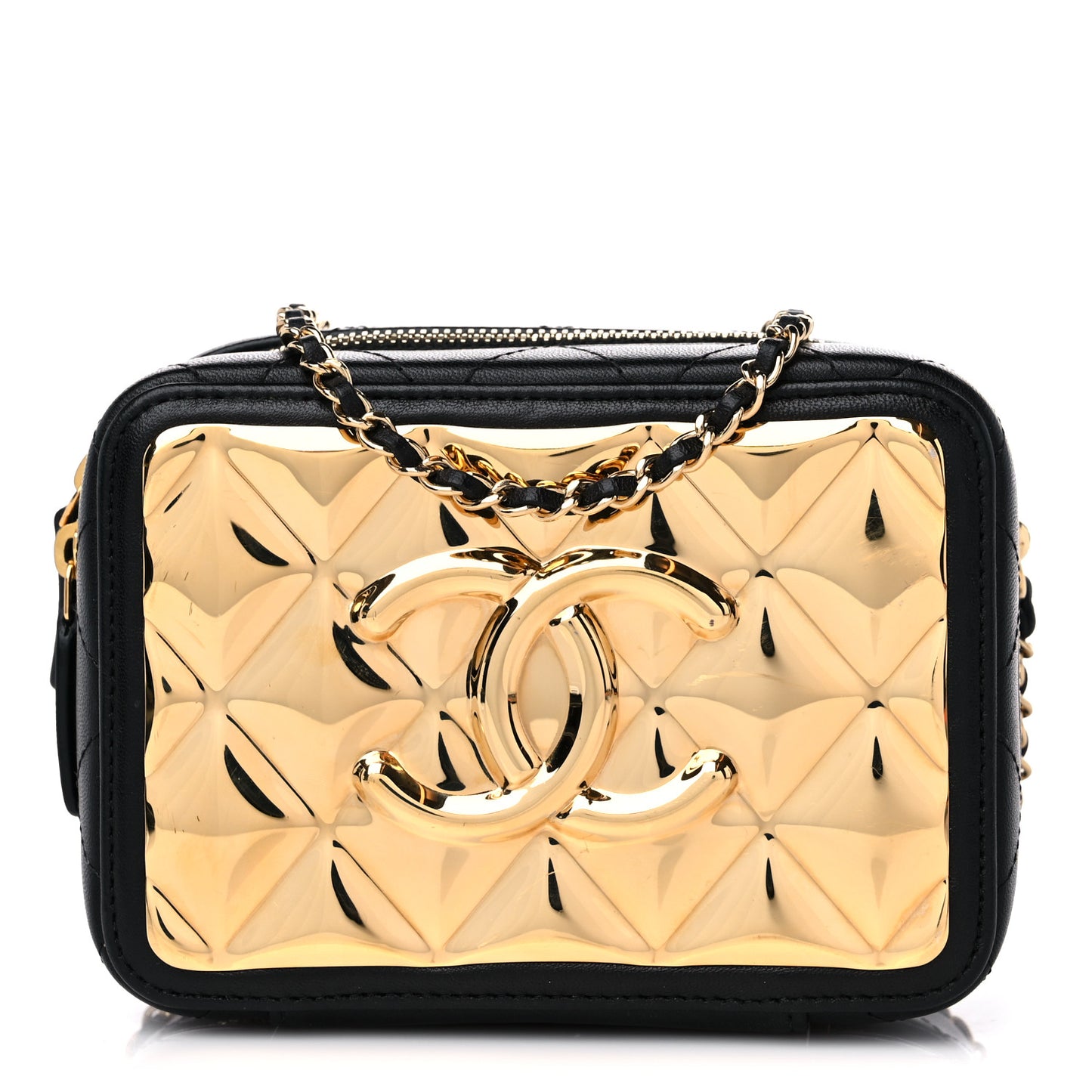 Lambskin Quilted Golden Plate Clutch With Chain Black