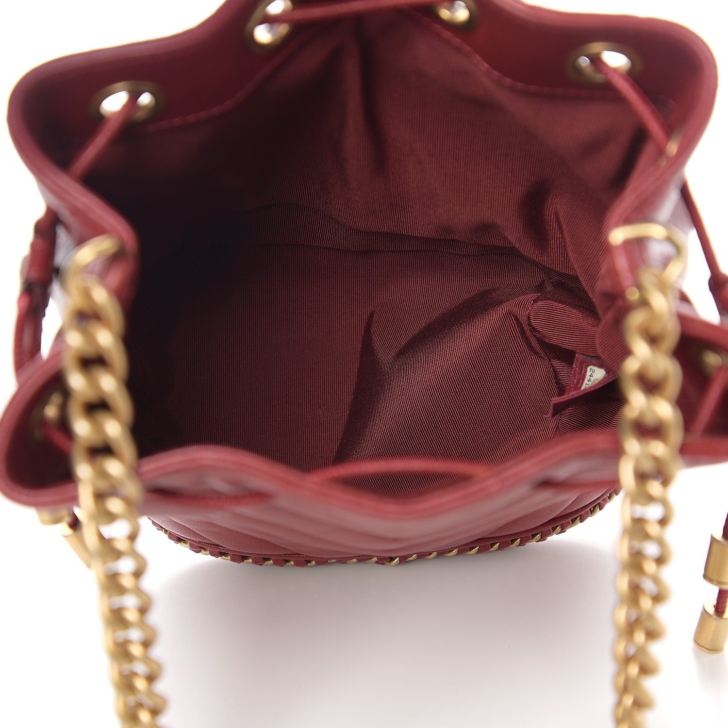 Chanel Sheepskin Chevron Quilted Small Drawstring Bag Dark Red 4 of 10