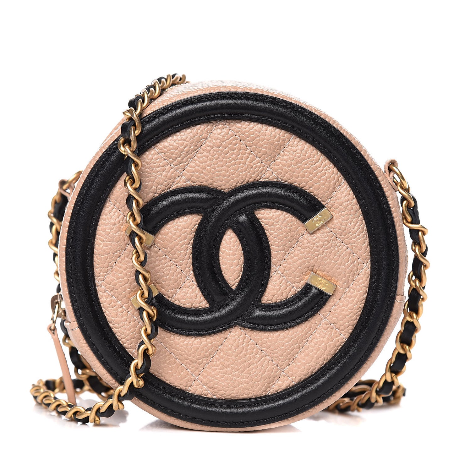 Caviar Quilted Round Filigree Crossbody Beige Black