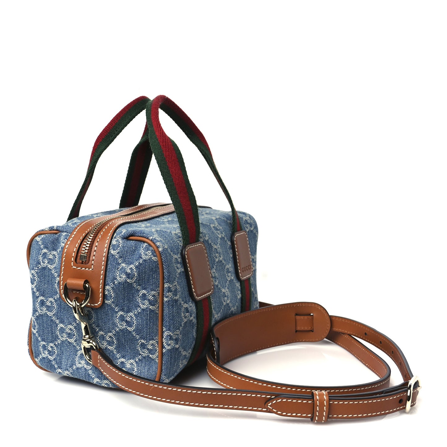 GG Denim Calfskin Web Mini GG Top Handle Bag Light Blue White