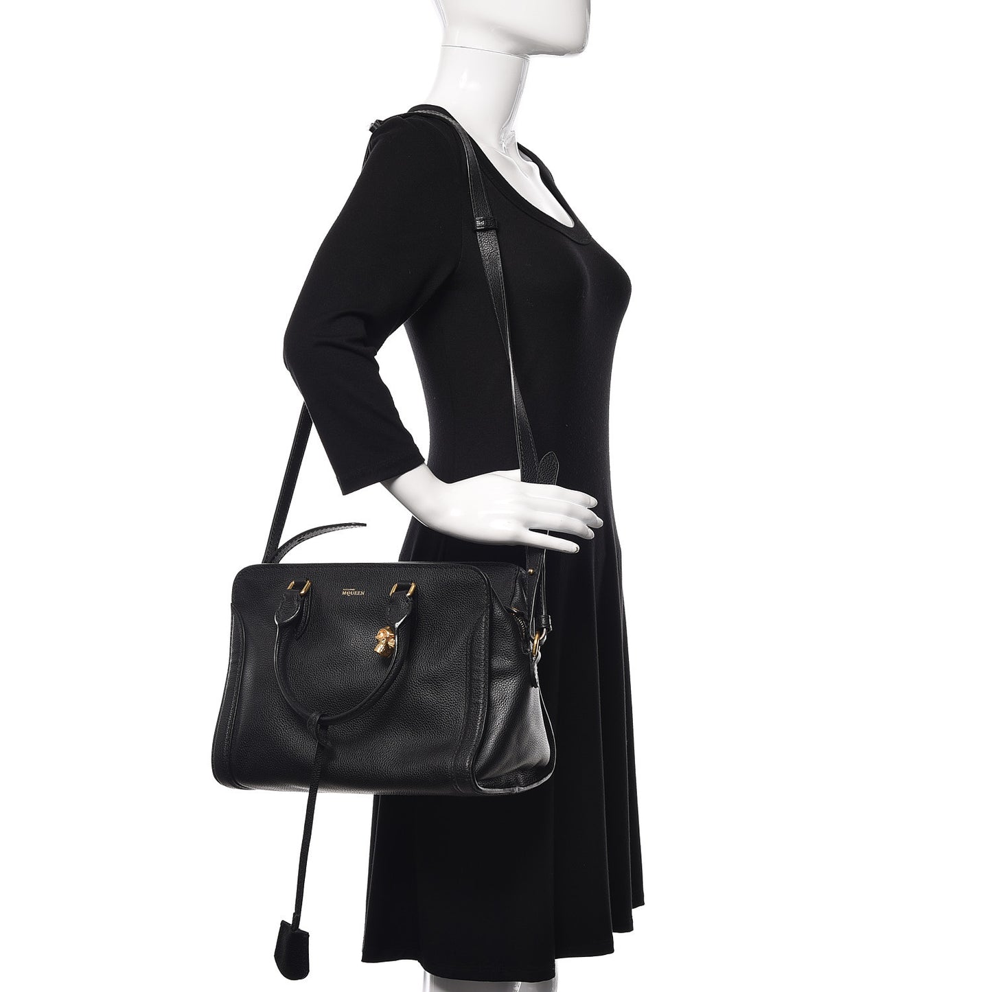 Pebbled Calfskin Small Skull Padlock Zip Around Tote Black