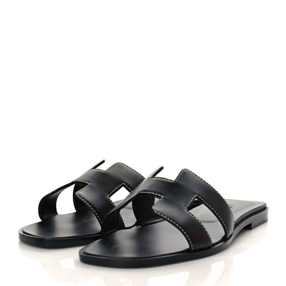 Hermes Box Calfskin Oran Sandals 37.5 Black 3 of 9