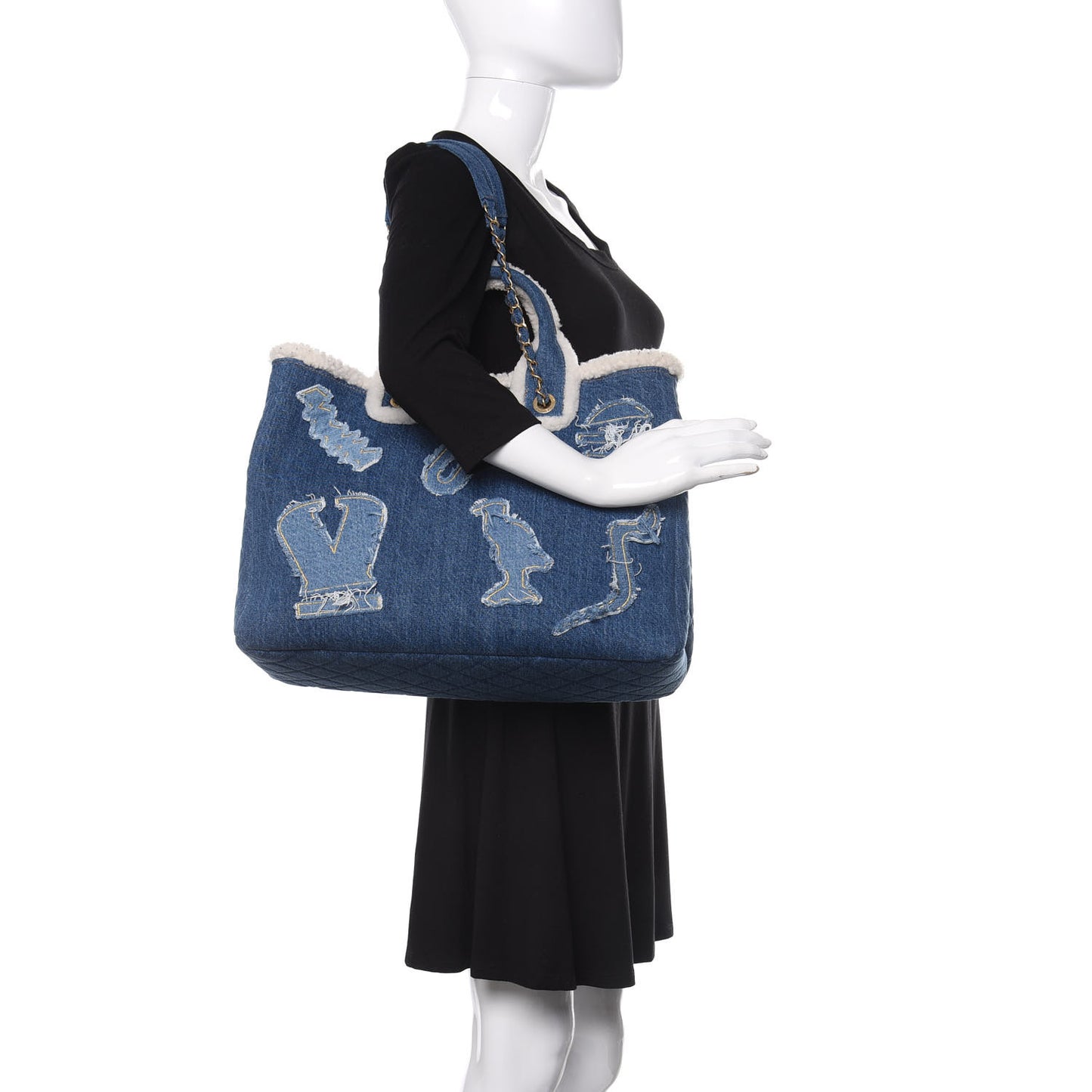 Denim Shearling Hieroglyph Coco Tote Blue
