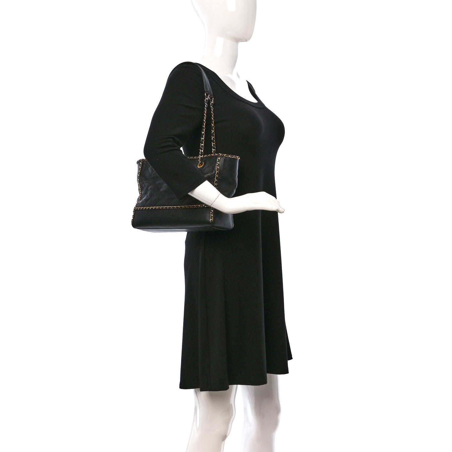 Chanel Calfskin Quilted Chain Lines Shopping Tote Black 2 of 15