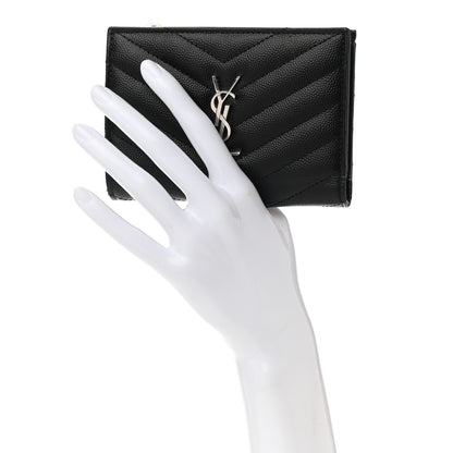 Saint Laurent Grain De Poudre Matelasse Chevron Monogram Zipped Two-Part Wallet Black 2 of 9