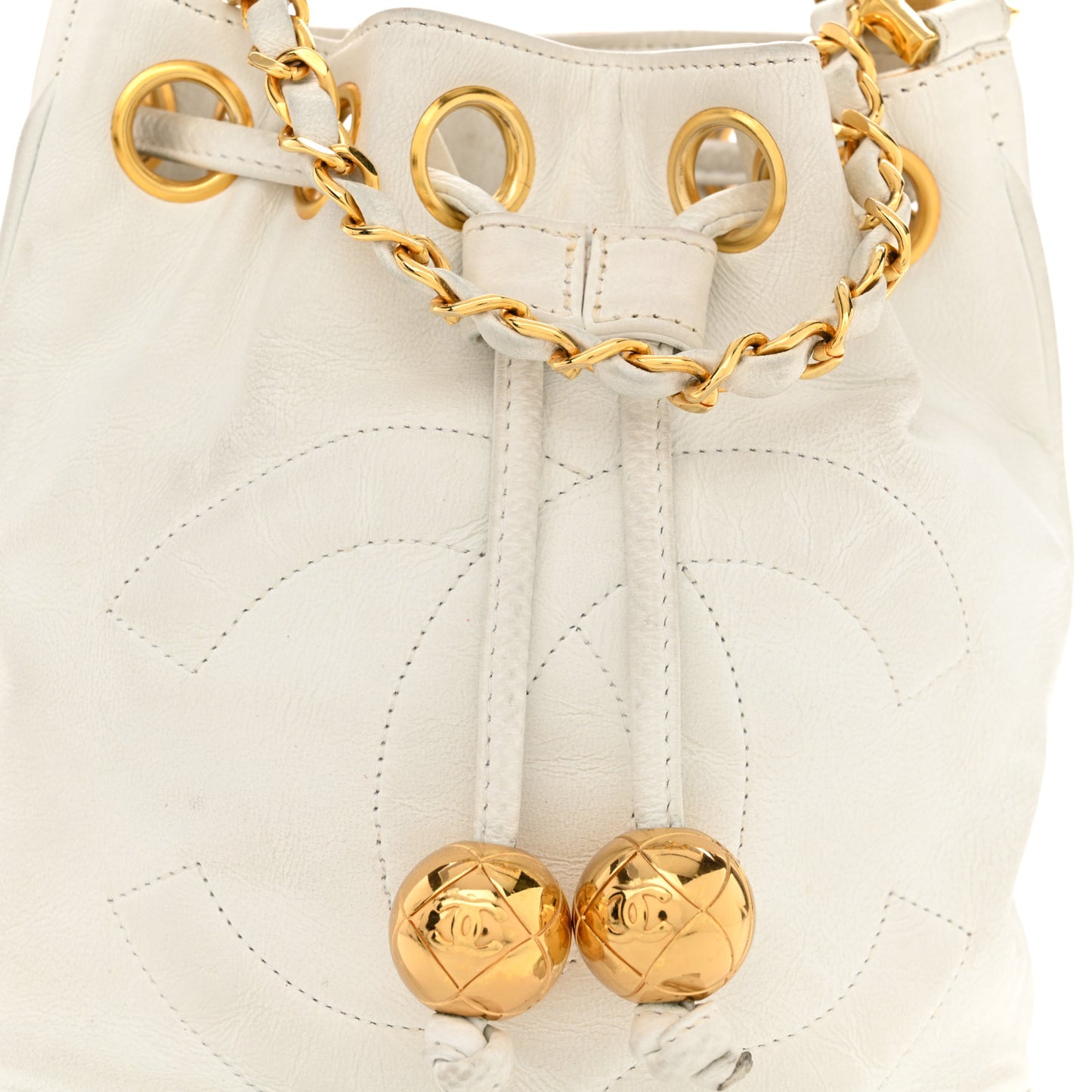Lambskin CC Drawstring Bucket Bag White