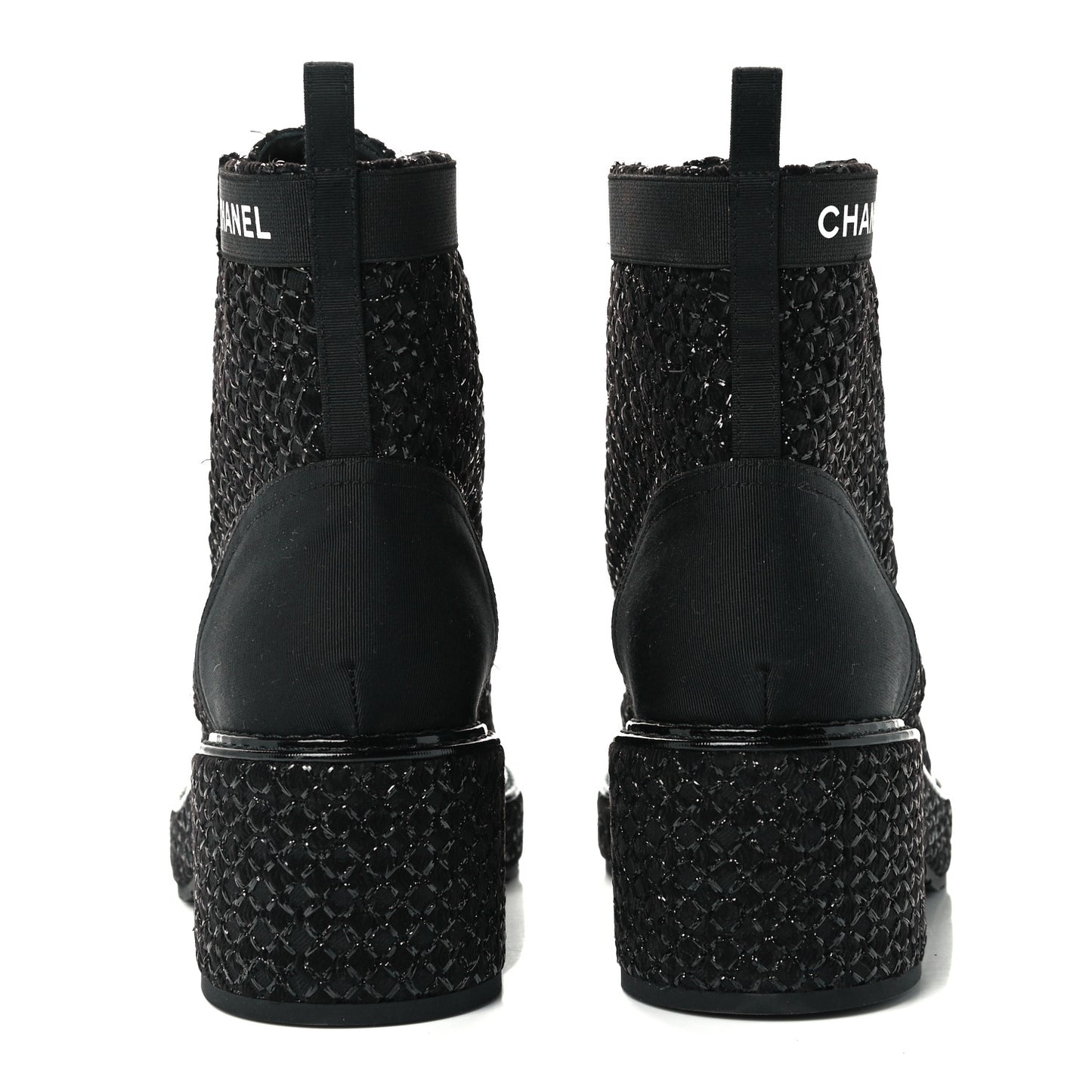 Tweed Grosgrain Fabric Lace Up Combat Boots 37 Black