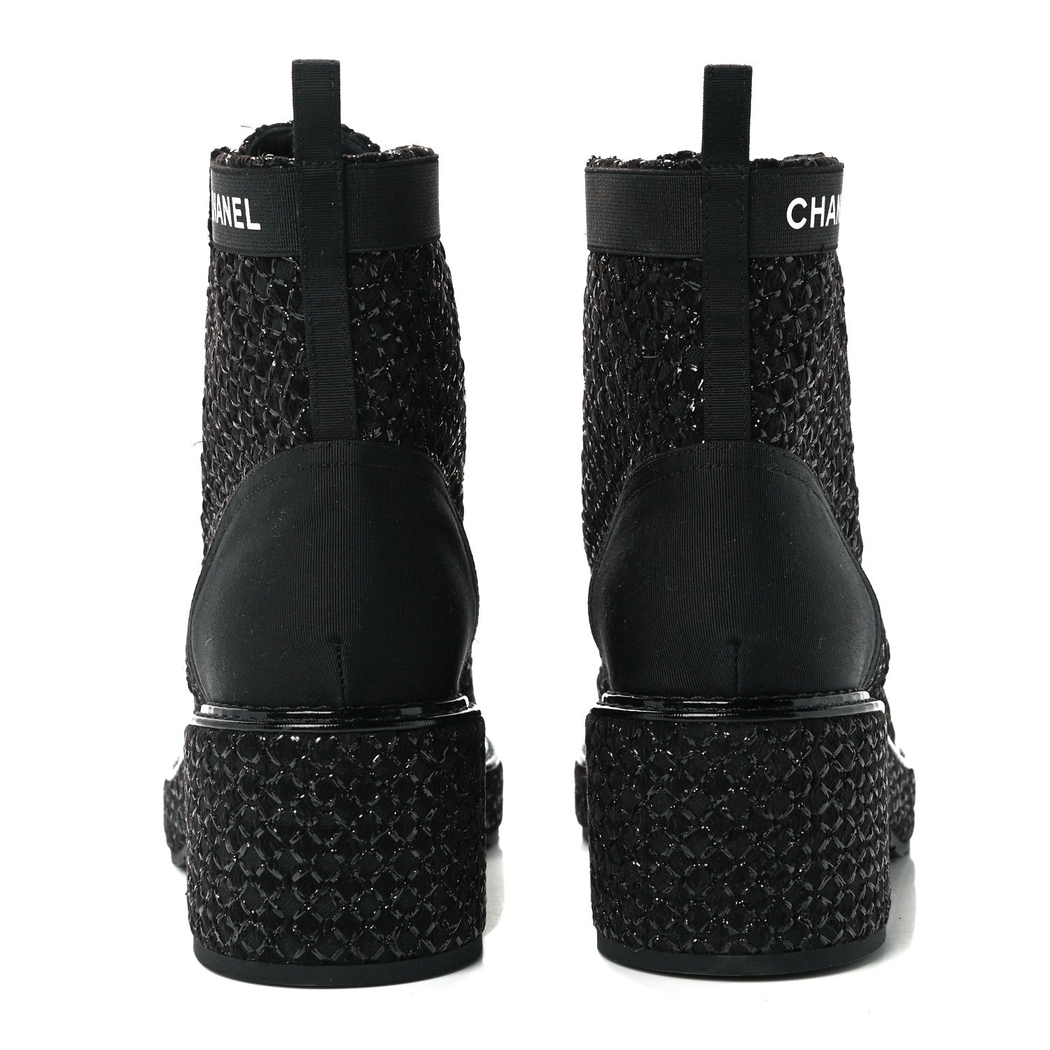 Chanel Tweed Grosgrain Fabric Lace Up Combat Boots 37 Black 5 of 10