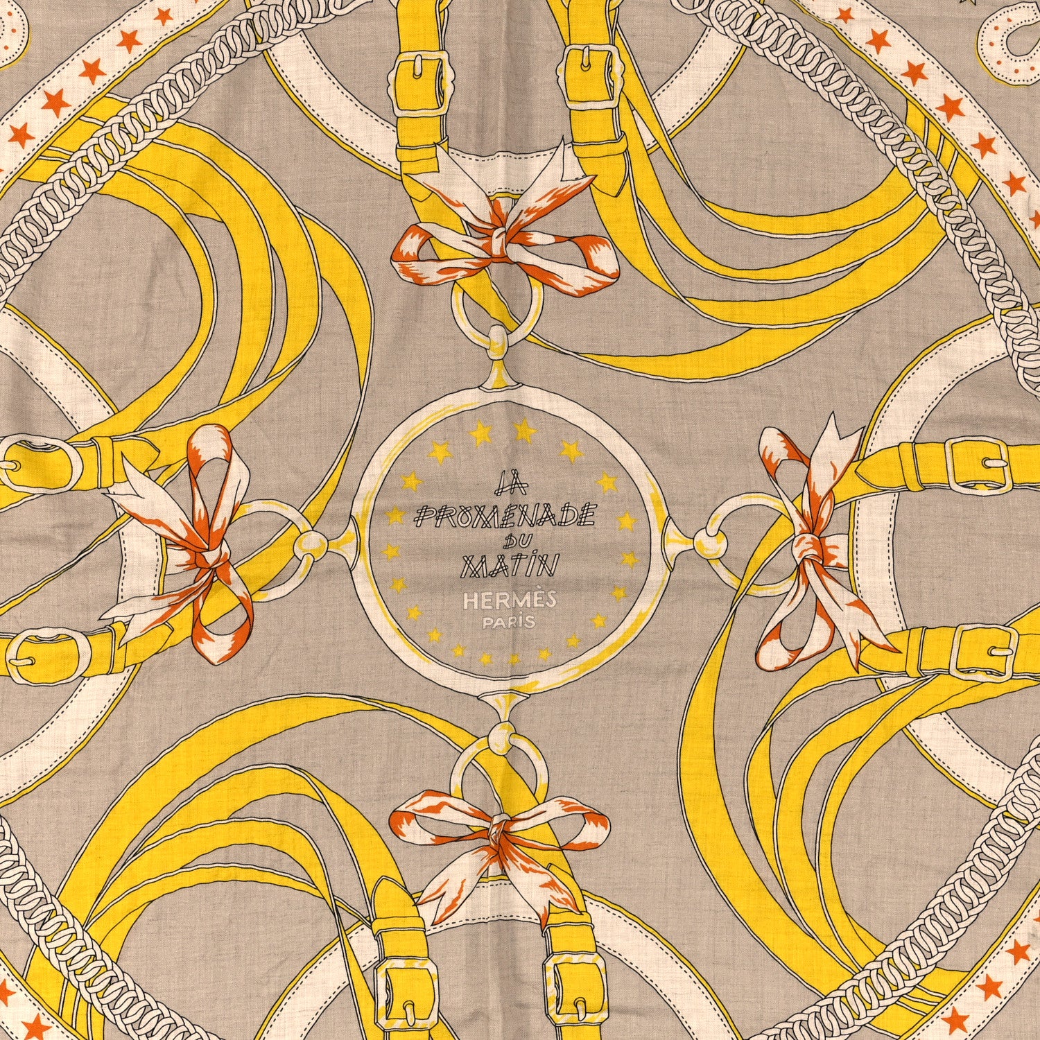 Hermes Cashmere Silk La Promenade du Matin Bandana Shawl 140 Naturel Beige Jaune Vif 2 of 3