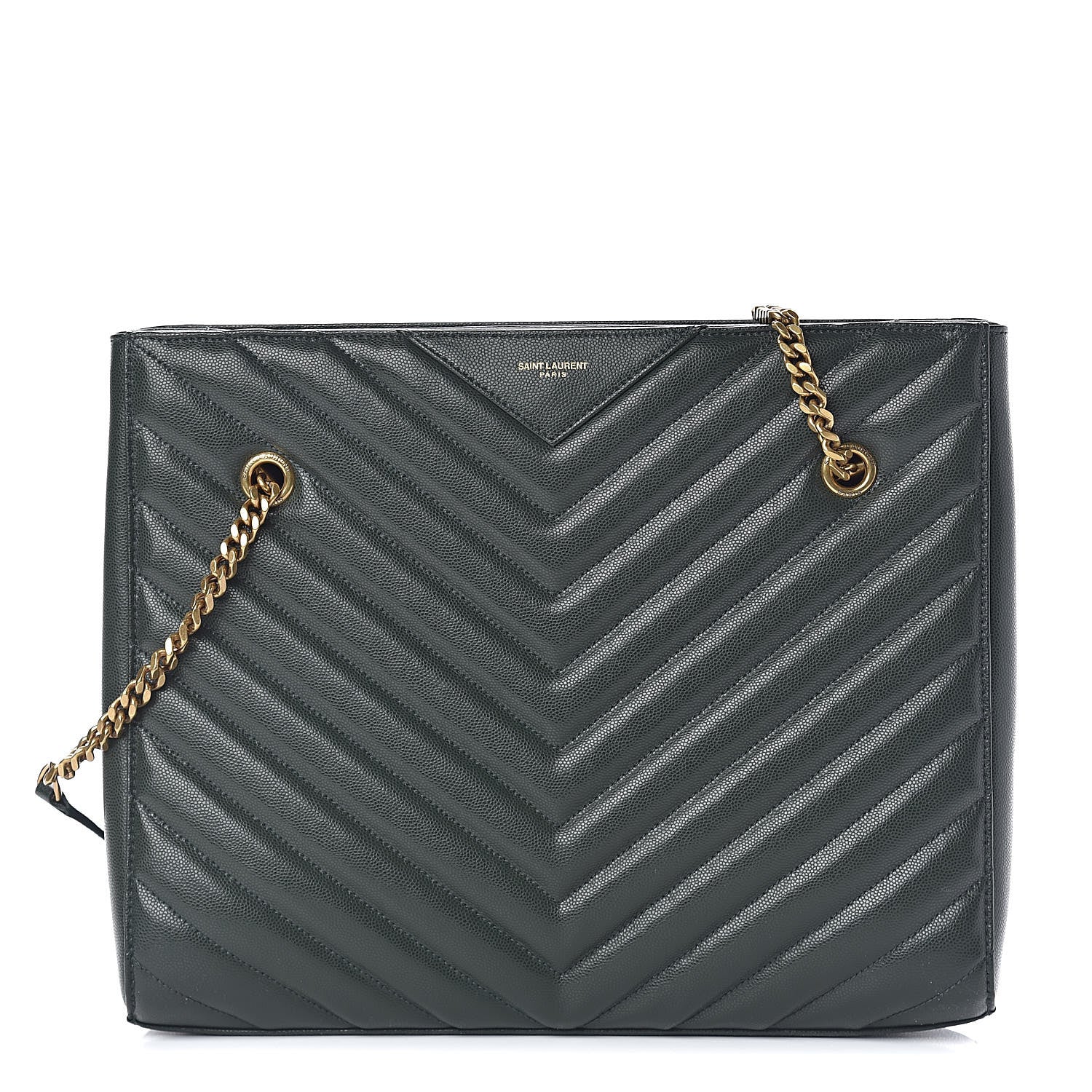 Saint Laurent Grain de Poudre Matelasse Chevron Medium Tribeca Shopping Bag Vert Fonce 1 of 13