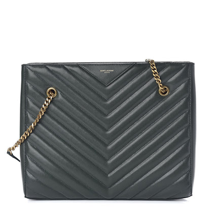 Saint Laurent Grain de Poudre Matelasse Chevron Medium Tribeca Shopping Bag Vert Fonce 1 of 13