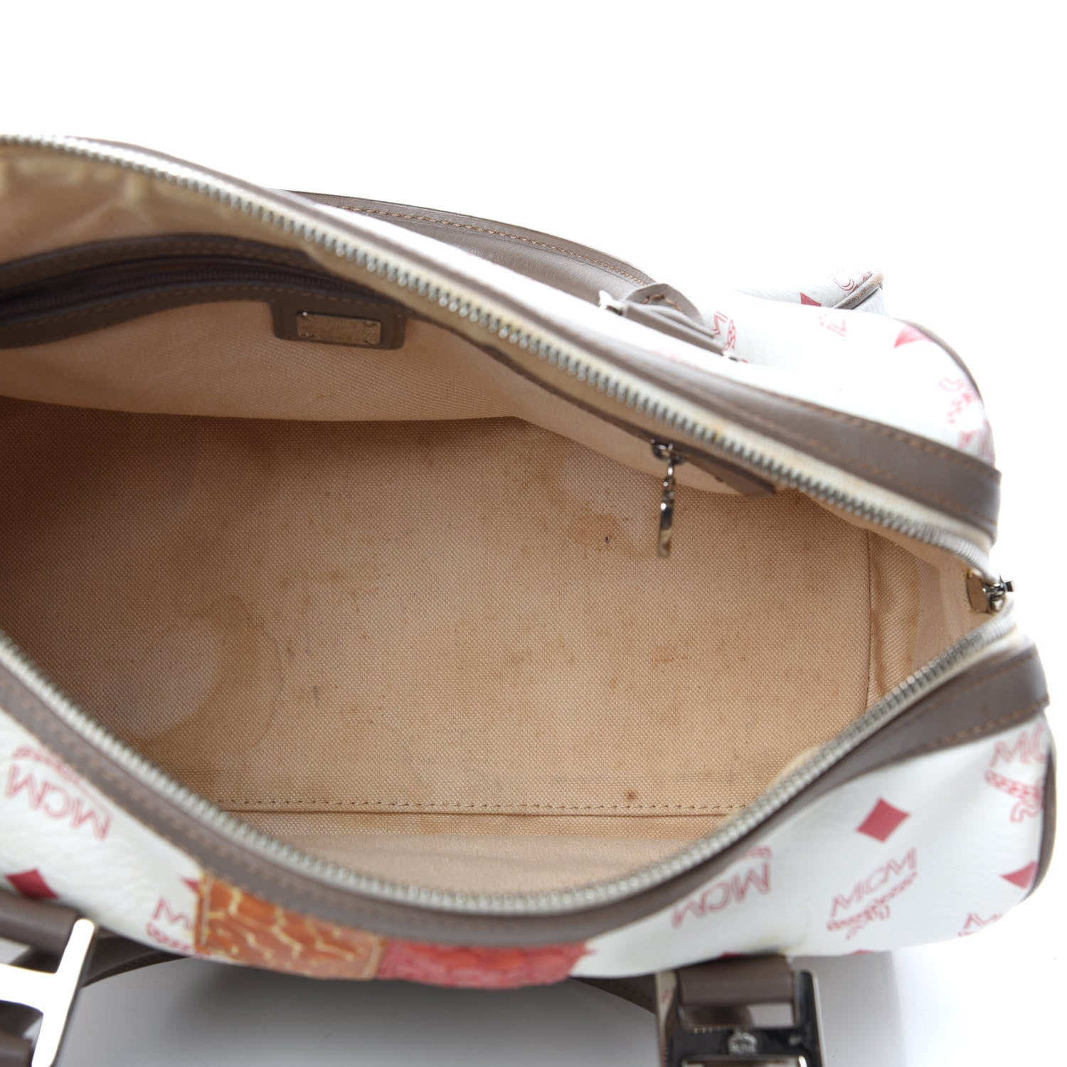 MCM Visetos Striped Munich Lion Boston Satchel White 5 of 9