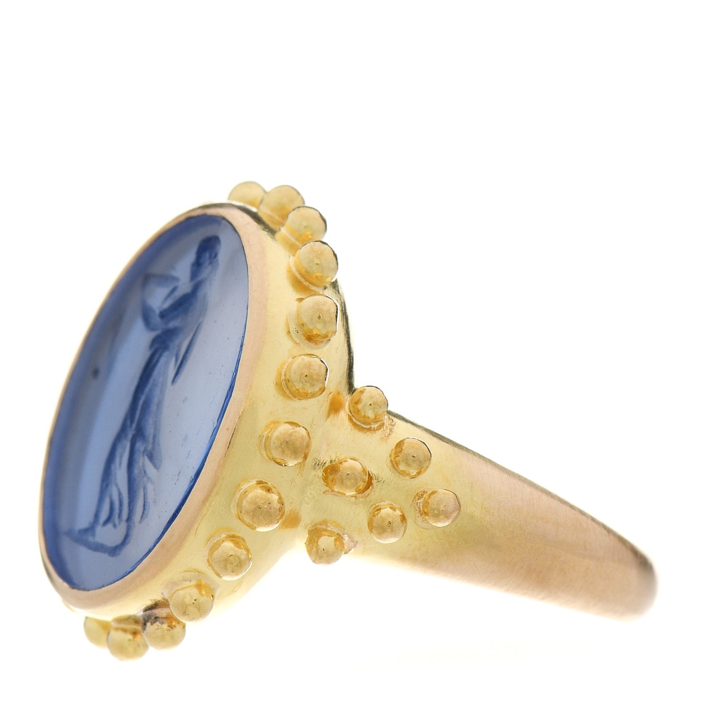 19K Yellow Gold Venetian Glass Intaglio Grecian Water Carrier Ring Blue 58 8.25