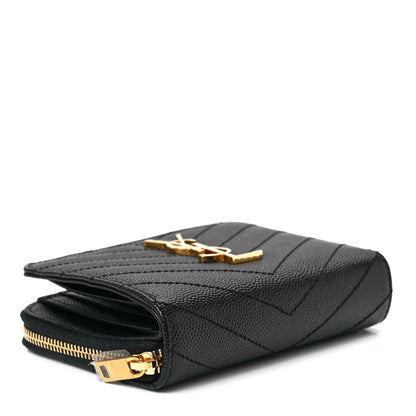 Saint Laurent Grain De Poudre Matelasse Chevron Monogram Compact Zip Around Wallet Black 4 of 12